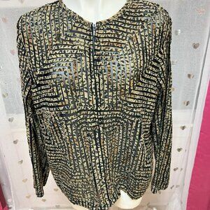 #182 Chico's Tan Geometric Design Zip-Up Dress Jacket Blazer Size 3 (16)